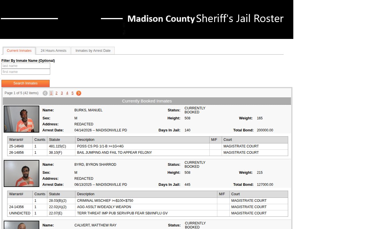 Madison County current custody booking record roster