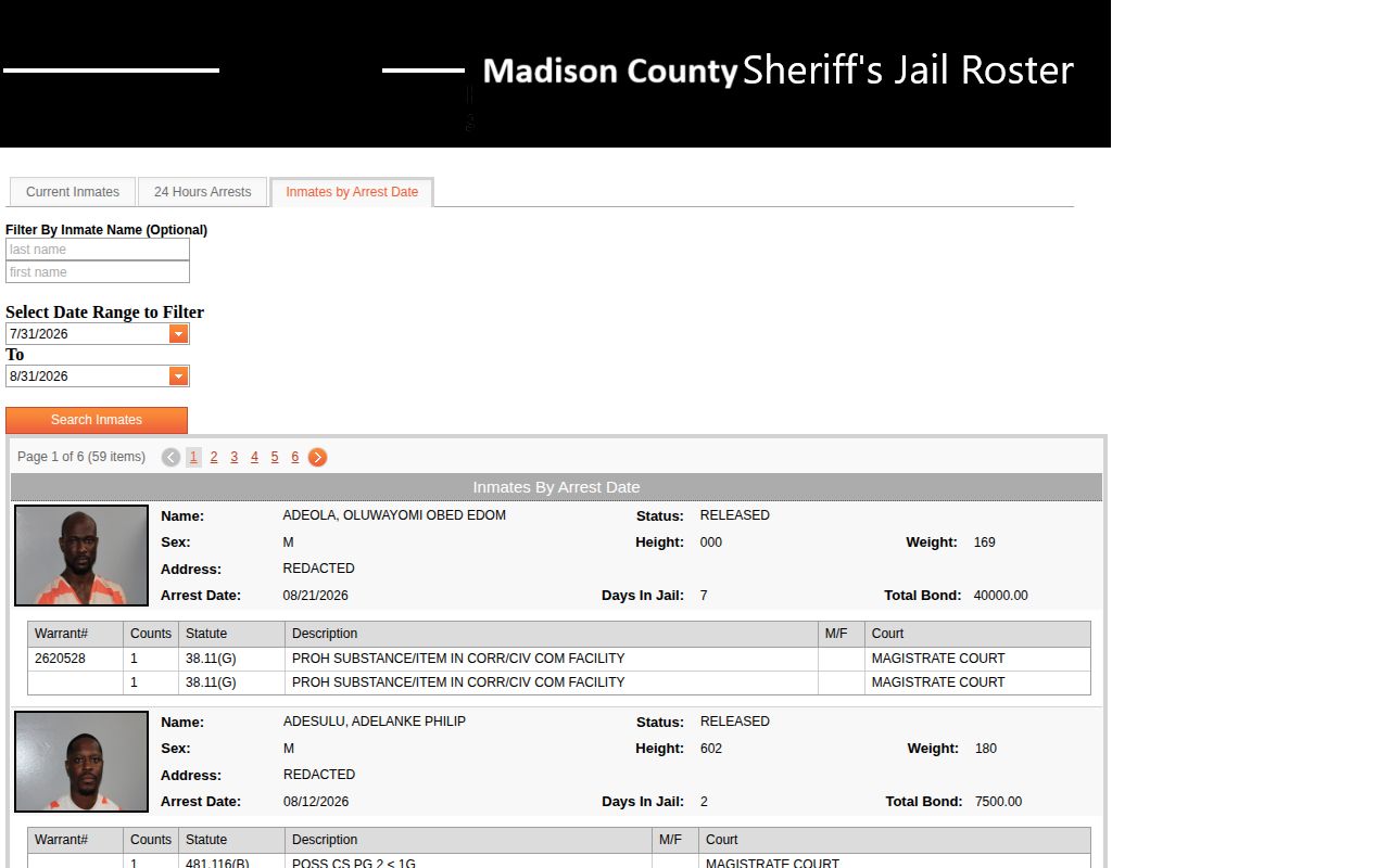 Madison County date-range booking record search